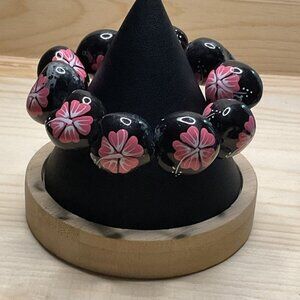 Hawaiian Jewelry Kukui Nuts Bracelet Hand painted Pink Hawaii Hibiscus Flower